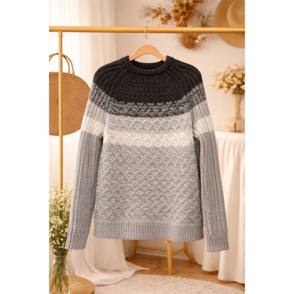 Express Ombre Cable Knit Sweater Small Gray Gradient Textured Pullover Cabincore